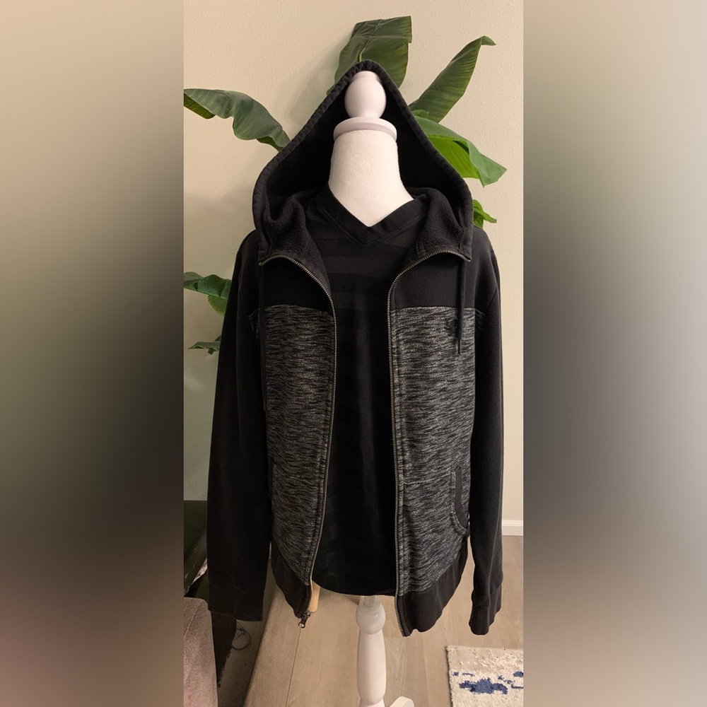 Express Men's Charcoal and Black Zip-Up Sweater